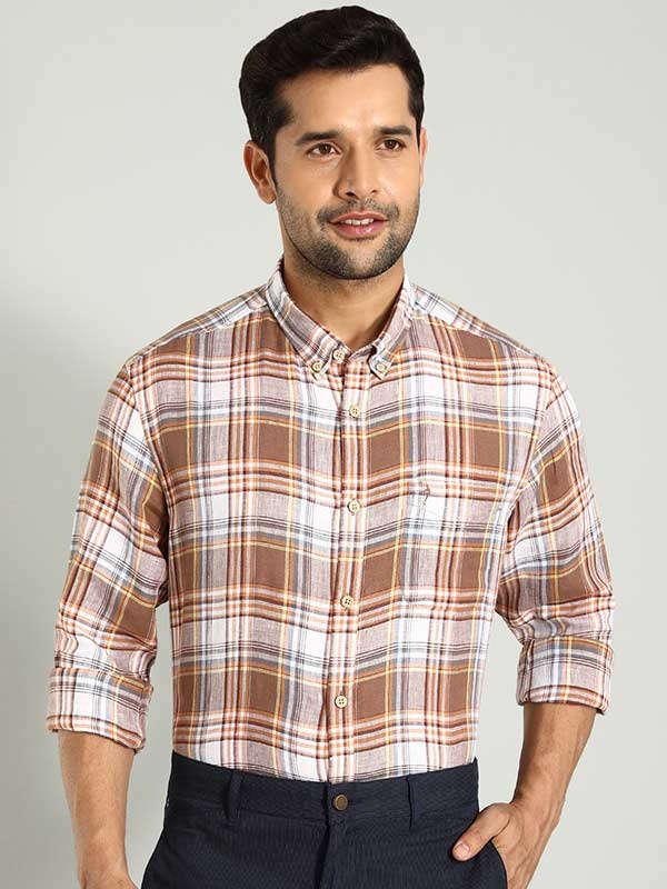 Indian Terrain Men's Regular Fit Full Sleeve Checkered Brown Shirt